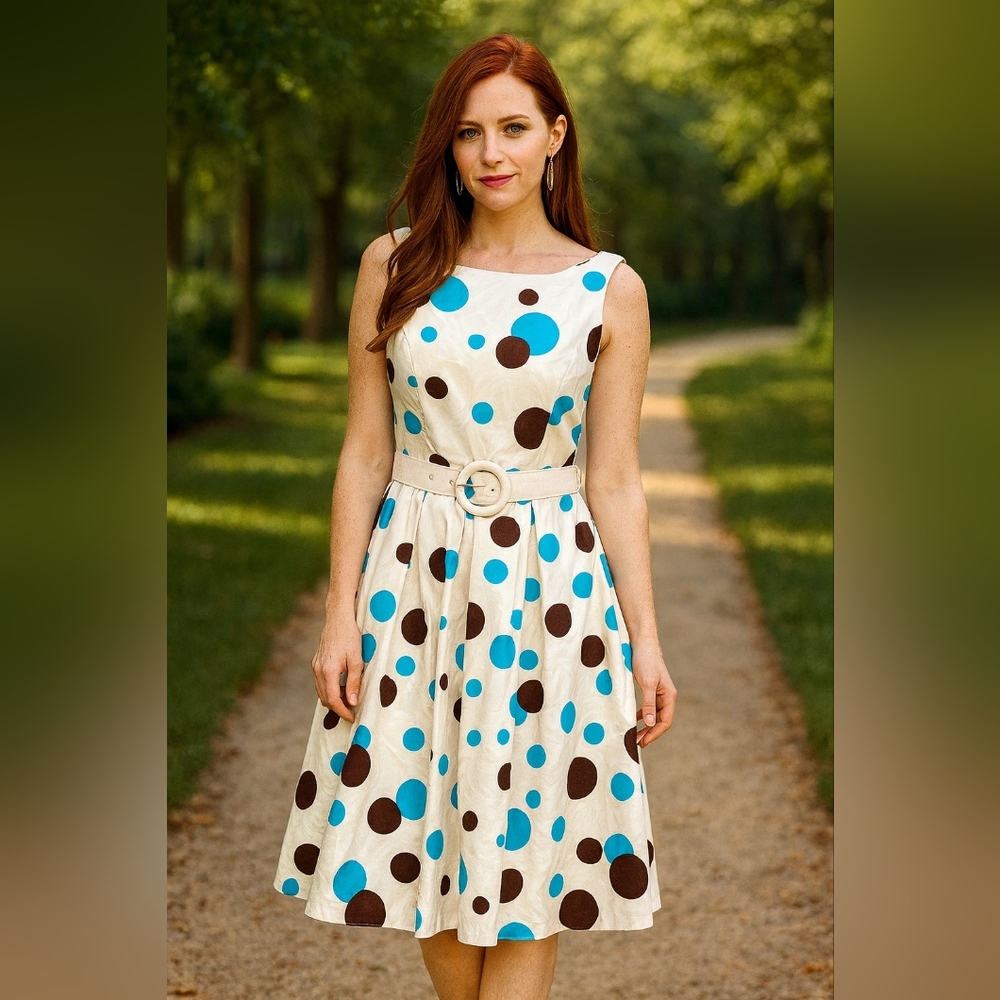 Muse White Dress Turquoise Brown Polka Dots Matching Belt Size 6